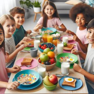 Children are sitting at the table, having their breakfast. 