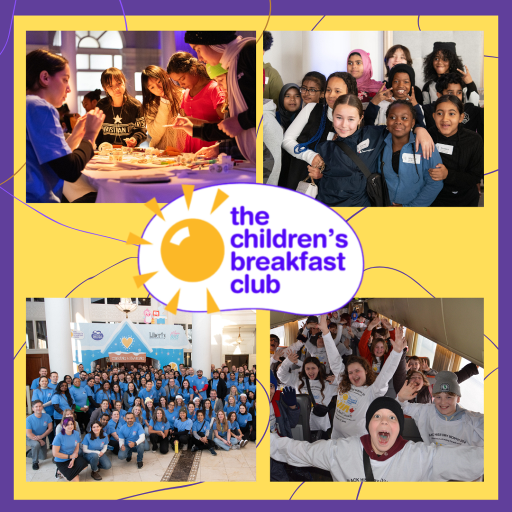 "A collage promoting 'The Children's Breakfast Club' with three separate images. Top left: A group of children engaging in an activity around a table. Top right: A group of happy children posing for the photo. Bottom: A large group of volunteers wearing blue shirts, gathered for a group photo, some raising their hands in a cheerful manner. The background is a vivid yellow with a graphic of a smiling sun and the event's name prominently displayed in the center."