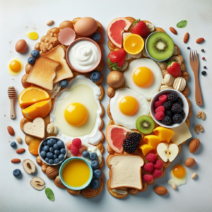 A creative arrangement of various breakfast items including eggs, fruits, bread, and nuts.