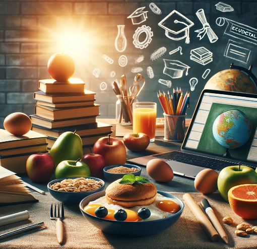 A balanced breakfast is set against a backdrop of academic tools and symbols. The meal includes pancakes, yogurt with blueberries, a variety of fresh fruits, and a glass of orange juice. In the background, a stack of books is topped with an apple, next to a laptop open to a world map and a globe, emphasizing the connection between a nutritious start to the day and educational achievement. The drawing of educational icons on the chalkboard further suggests a learning environment.