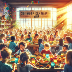 A vibrant and warm breakfast club filled with diverse groups of children enjoying a nutritious meal together.