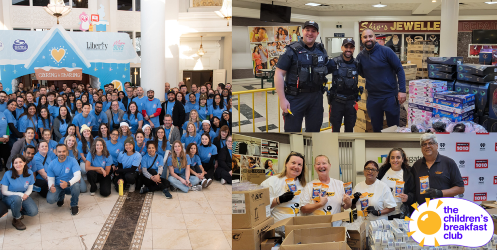 A collage of images showcasing community and charity work. On the left, a large group of volunteers wearing blue shirts pose under a decorative arch at a charity event. The top right image shows two police officers smiling with a man in front of boxes of donated items. The bottom right image features a group of volunteers, some wearing white shirts with "The Children's Breakfast Club" logo, packing food items, emphasizing community support and engagement.